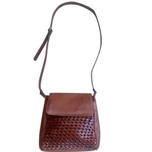 Genuine Leather Woven Crossbody Bag Brown Cognac Boho Vintage Shoulder Purse